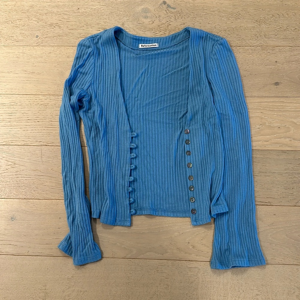 Reformation blue cardigan